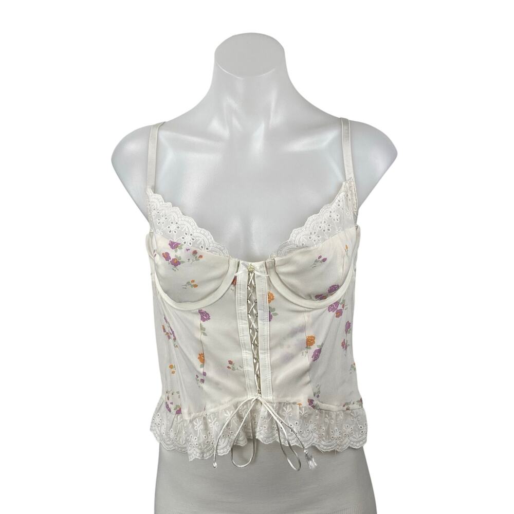 Sky To Moon Women's White Floral Bustier Corset Ruffle Lace Cami Tank Top Size M